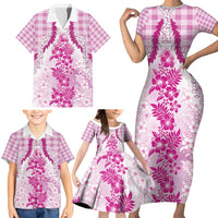 Aloha Hawaii Palaka Family Matching Short Sleeve Bodycon Dress and Hawaiian Shirt Pink Plumeria Lei LT05 - Polynesian Pride