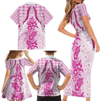 Aloha Hawaii Palaka Family Matching Short Sleeve Bodycon Dress and Hawaiian Shirt Pink Plumeria Lei - Polynesian Pride