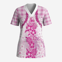 Aloha Hawaii Palaka Scrub Top Pink Plumeria Lei - Polynesian Pride
