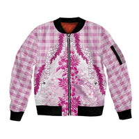 Aloha Hawaii Palaka Sleeve Zip Bomber Jacket Pink Plumeria Lei - Polynesian Pride