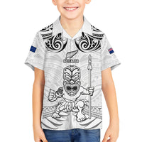 Custom New Zealand Maori Taiaha Family Matching Off Shoulder Long Sleeve Dress and Hawaiian Shirt Tiki Warrior White LT05 Son's Shirt White - Polynesian Pride