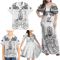 Custom New Zealand Maori Taiaha Family Matching Off Shoulder Maxi Dress and Hawaiian Shirt Tiki Warrior White LT05 - Polynesian Pride
