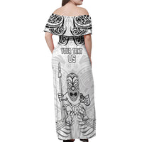 Custom New Zealand Maori Taiaha Off Shoulder Maxi Dress Tiki Warrior White LT05 - Polynesian Pride