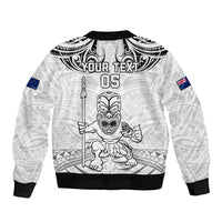 Custom New Zealand Maori Taiaha Sleeve Zip Bomber Jacket Tiki Warrior White LT05 - Polynesian Pride