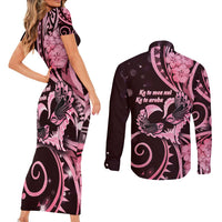 New Zealand Valentine Couples Matching Short Sleeve Bodycon Dress and Long Sleeve Button Shirt Aroha Sweet Pink Piwakawaka LT05 - Polynesian Pride