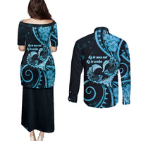 New Zealand Valentine Couples Matching Puletasi and Long Sleeve Button Shirt Aroha Cyan Piwakawaka LT05 - Polynesian Pride