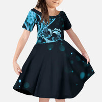New Zealand Valentine Family Matching Puletasi and Hawaiian Shirt Aroha Cyan Piwakawaka LT05 Daughter's Dress Cyan - Polynesian Pride