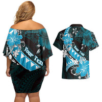 Personalised Hawaii Valentine Day Couples Matching Off Shoulder Short Dress and Hawaiian Shirt Polynesian Hibiscus Art Style Turquoise