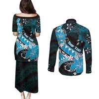Personalised Hawaii Valentine Day Couples Matching Puletasi and Long Sleeve Button Shirt Polynesian Hibiscus Art Style Turquoise LT05 - Polynesian Pride