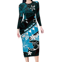 Personalised Hawaii Valentine Day Long Sleeve Bodycon Dress Polynesian Hibiscus Art Style Turquoise LT05 Long Dress Turquoise - Polynesian Pride