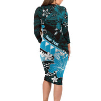 Personalised Hawaii Valentine Day Long Sleeve Bodycon Dress Polynesian Hibiscus Art Style Turquoise LT05 - Polynesian Pride