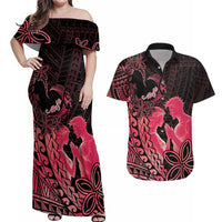 Alofa Samoa Valentine Red Couples Matching Off Shoulder Maxi Dress and Hawaiian Shirt Love Is The Greatest Thing LT05 Red - Polynesian Pride