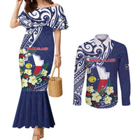 Personalised Wake Island Couples Matching Mermaid Dress and Long Sleeve Button Shirt Tribal Pattern With Hibiscus Flowers
