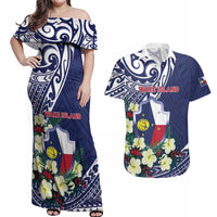 Personalised Wake Island Couples Matching Off Shoulder Maxi Dress and Hawaiian Shirt Tribal Pattern With Hibiscus Flowers