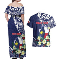 Personalised Wake Island Couples Matching Off Shoulder Maxi Dress and Hawaiian Shirt Tribal Pattern With Hibiscus Flowers