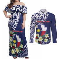 Personalised Wake Island Couples Matching Off Shoulder Maxi Dress and Long Sleeve Button Shirt Tribal Pattern With Hibiscus Flowers