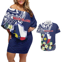 Personalised Wake Island Couples Matching Off Shoulder Short Dress and Hawaiian Shirt Tribal Pattern With Hibiscus Flowers LT05 Blue - Polynesian Pride