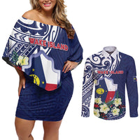 Personalised Wake Island Couples Matching Off Shoulder Short Dress and Long Sleeve Button Shirt Tribal Pattern With Hibiscus Flowers