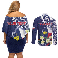 Personalised Wake Island Couples Matching Off Shoulder Short Dress and Long Sleeve Button Shirt Tribal Pattern With Hibiscus Flowers