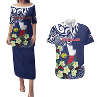 Personalised Wake Island Couples Matching Puletasi and Hawaiian Shirt Tribal Pattern With Hibiscus Flowers