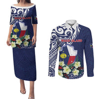 Personalised Wake Island Couples Matching Puletasi and Long Sleeve Button Shirt Tribal Pattern With Hibiscus Flowers
