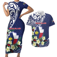 Personalised Wake Island Couples Matching Short Sleeve Bodycon Dress and Hawaiian Shirt Tribal Pattern With Hibiscus Flowers