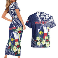 Personalised Wake Island Couples Matching Short Sleeve Bodycon Dress and Hawaiian Shirt Tribal Pattern With Hibiscus Flowers