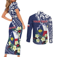 Personalised Wake Island Couples Matching Short Sleeve Bodycon Dress and Long Sleeve Button Shirt Tribal Pattern With Hibiscus Flowers LT05 - Polynesian Pride