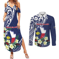 Personalised Wake Island Couples Matching Summer Maxi Dress and Long Sleeve Button Shirt Tribal Pattern With Hibiscus Flowers
