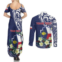Personalised Wake Island Couples Matching Summer Maxi Dress and Long Sleeve Button Shirt Tribal Pattern With Hibiscus Flowers