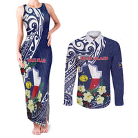 Personalised Wake Island Couples Matching Tank Maxi Dress and Long Sleeve Button Shirt Tribal Pattern With Hibiscus Flowers