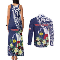 Personalised Wake Island Couples Matching Tank Maxi Dress and Long Sleeve Button Shirt Tribal Pattern With Hibiscus Flowers
