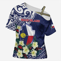 Personalised Wake Island Cross Shoulder Shirt Tribal Pattern With Hibiscus Flowers