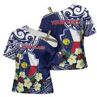 Personalised Wake Island Cross Shoulder Shirt Tribal Pattern With Hibiscus Flowers