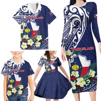 Personalised Wake Island Family Matching Long Sleeve Bodycon Dress and Hawaiian Shirt Tribal Pattern With Hibiscus Flowers