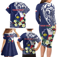 Personalised Wake Island Family Matching Long Sleeve Bodycon Dress and Hawaiian Shirt Tribal Pattern With Hibiscus Flowers
