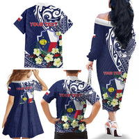 Personalised Wake Island Family Matching Off The Shoulder Long Sleeve Dress and Hawaiian Shirt Tribal Pattern With Hibiscus Flowers