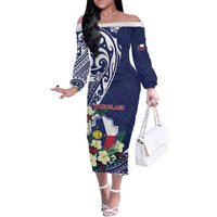 Personalised Wake Island Family Matching Off The Shoulder Long Sleeve Dress and Hawaiian Shirt Tribal Pattern With Hibiscus Flowers