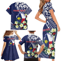 Personalised Wake Island Family Matching Short Sleeve Bodycon Dress and Hawaiian Shirt Tribal Pattern With Hibiscus Flowers