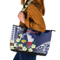 Wake Island Leather Tote Bag Tribal Pattern With Hibiscus Flowers