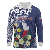 Personalised Wake Island Long Sleeve Polo Shirt Tribal Pattern With Hibiscus Flowers
