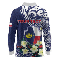 Personalised Wake Island Long Sleeve Polo Shirt Tribal Pattern With Hibiscus Flowers