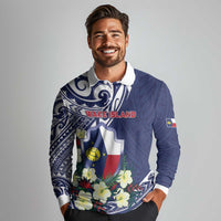 Personalised Wake Island Long Sleeve Polo Shirt Tribal Pattern With Hibiscus Flowers