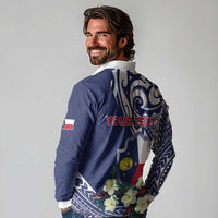 Personalised Wake Island Long Sleeve Polo Shirt Tribal Pattern With Hibiscus Flowers