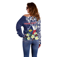 Personalised Wake Island Off Shoulder Sweater Tribal Pattern With Hibiscus Flowers