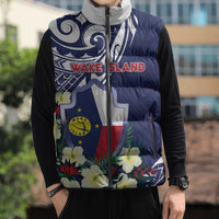 Personalised Wake Island Sleeveless Puffer Jacket Tribal Pattern With Hibiscus Flowers