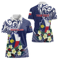 Personalised Wake Island Women Polo Shirt Tribal Pattern With Hibiscus Flowers