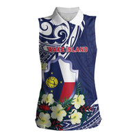 Personalised Wake Island Women Sleeveless Polo Shirt Tribal Pattern With Hibiscus Flowers