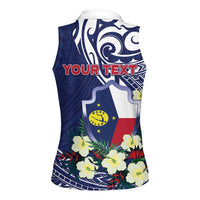Personalised Wake Island Women Sleeveless Polo Shirt Tribal Pattern With Hibiscus Flowers