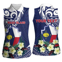 Personalised Wake Island Women Sleeveless Polo Shirt Tribal Pattern With Hibiscus Flowers